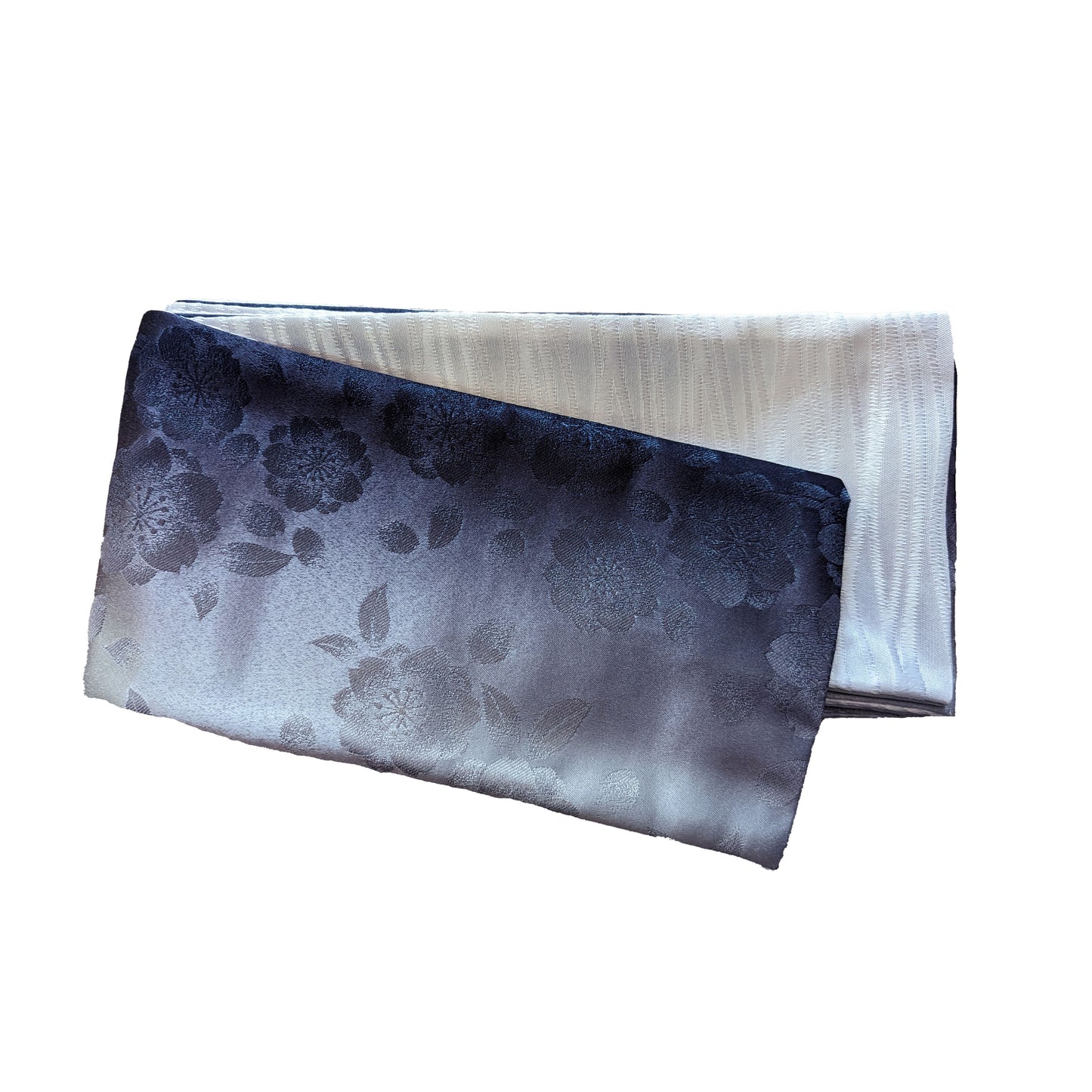 Japanese Traditional Flat Obi Belt - Cherry Blossom Black Silver/Patterned White