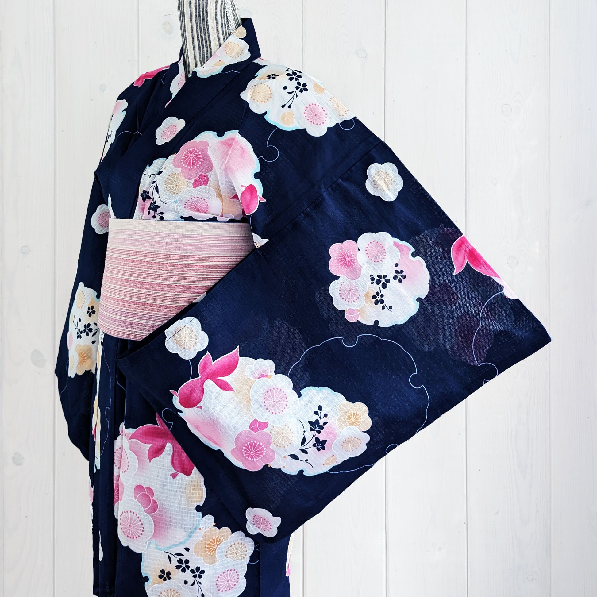 Japanese Yukata Kimono - Goldfish and Plum Blossoms in Indigo