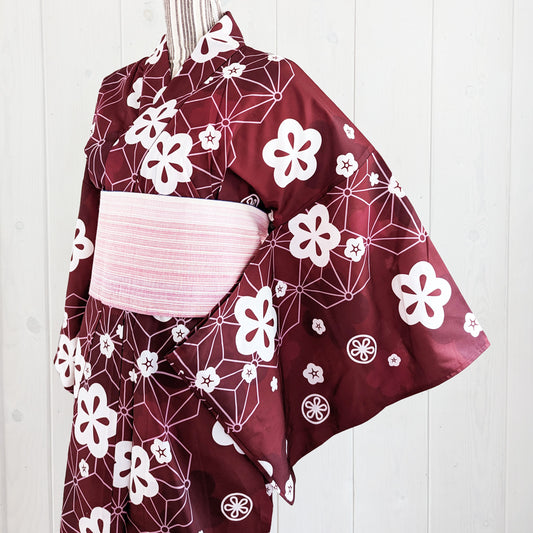 Japanese Yukata Kimono Plus Size - Plum Blossoms in Maroon