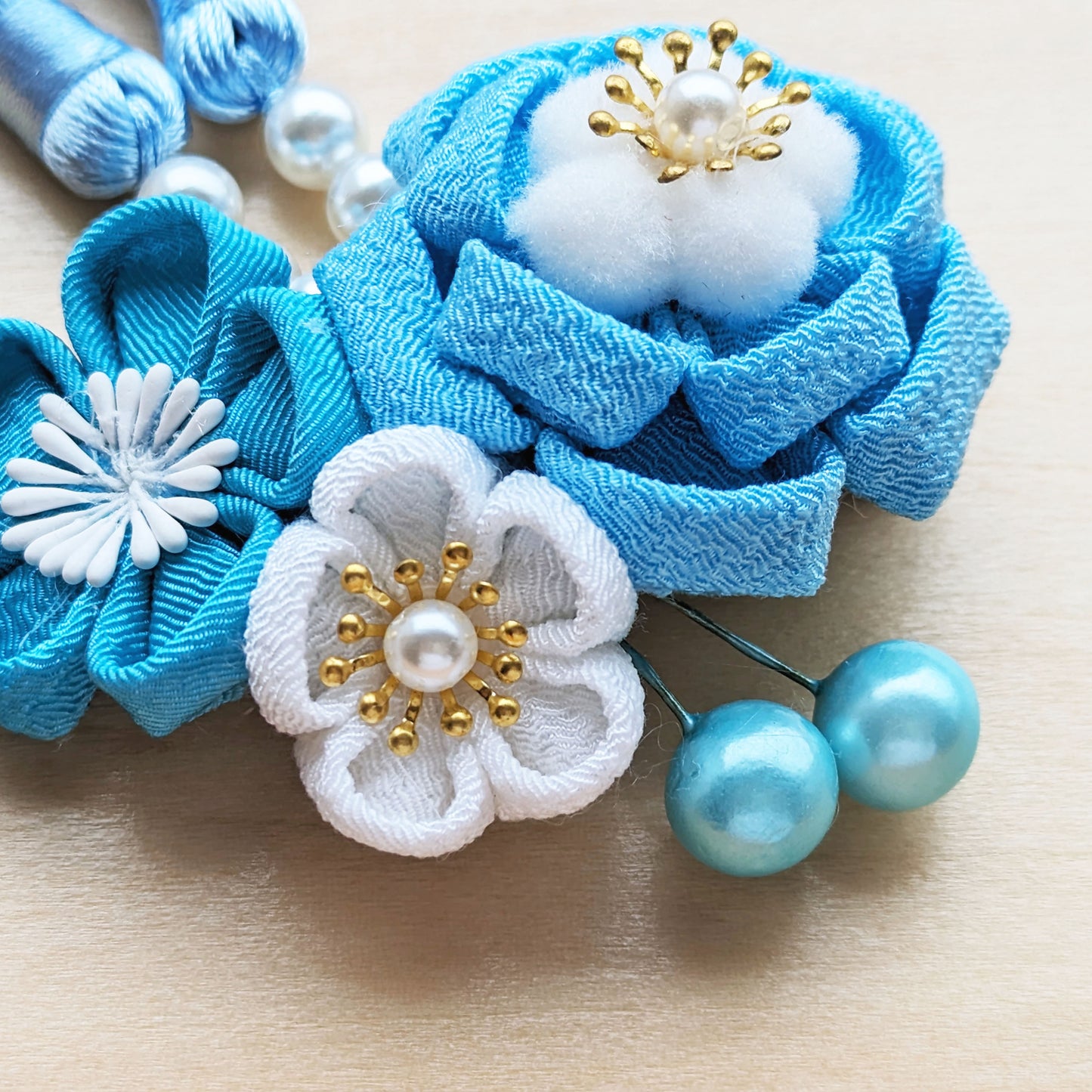 Japanese Tsumami Kanzashi - Layered Plum Blossom Trio Hair Clip - Blue