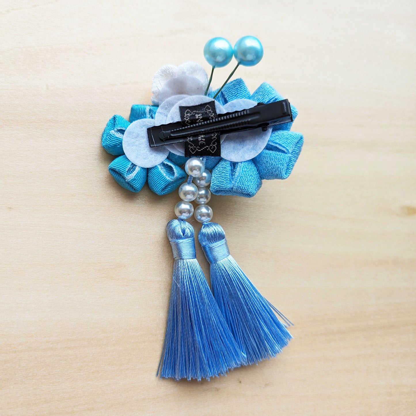 Japanese Tsumami Kanzashi - Layered Plum Blossom Trio Hair Clip - Blue