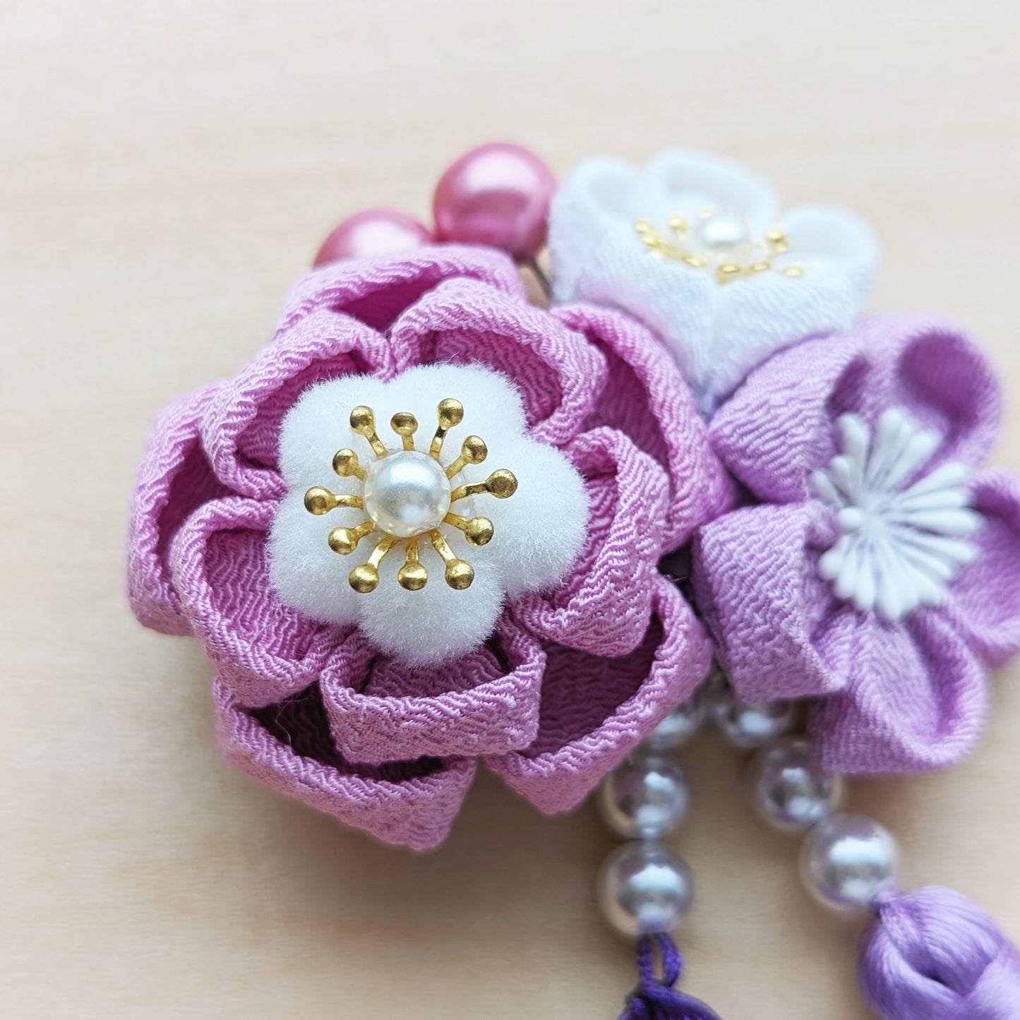 Japanese Tsumami Kanzashi Layered Plum Blossom Trio Hair Clip - Purple