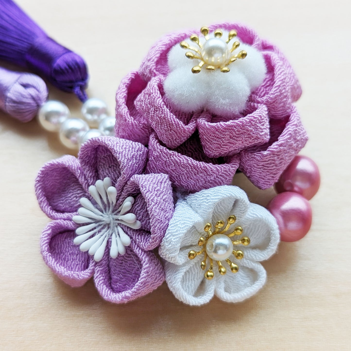 Japanese Tsumami Kanzashi Layered Plum Blossom Trio Hair Clip - Purple