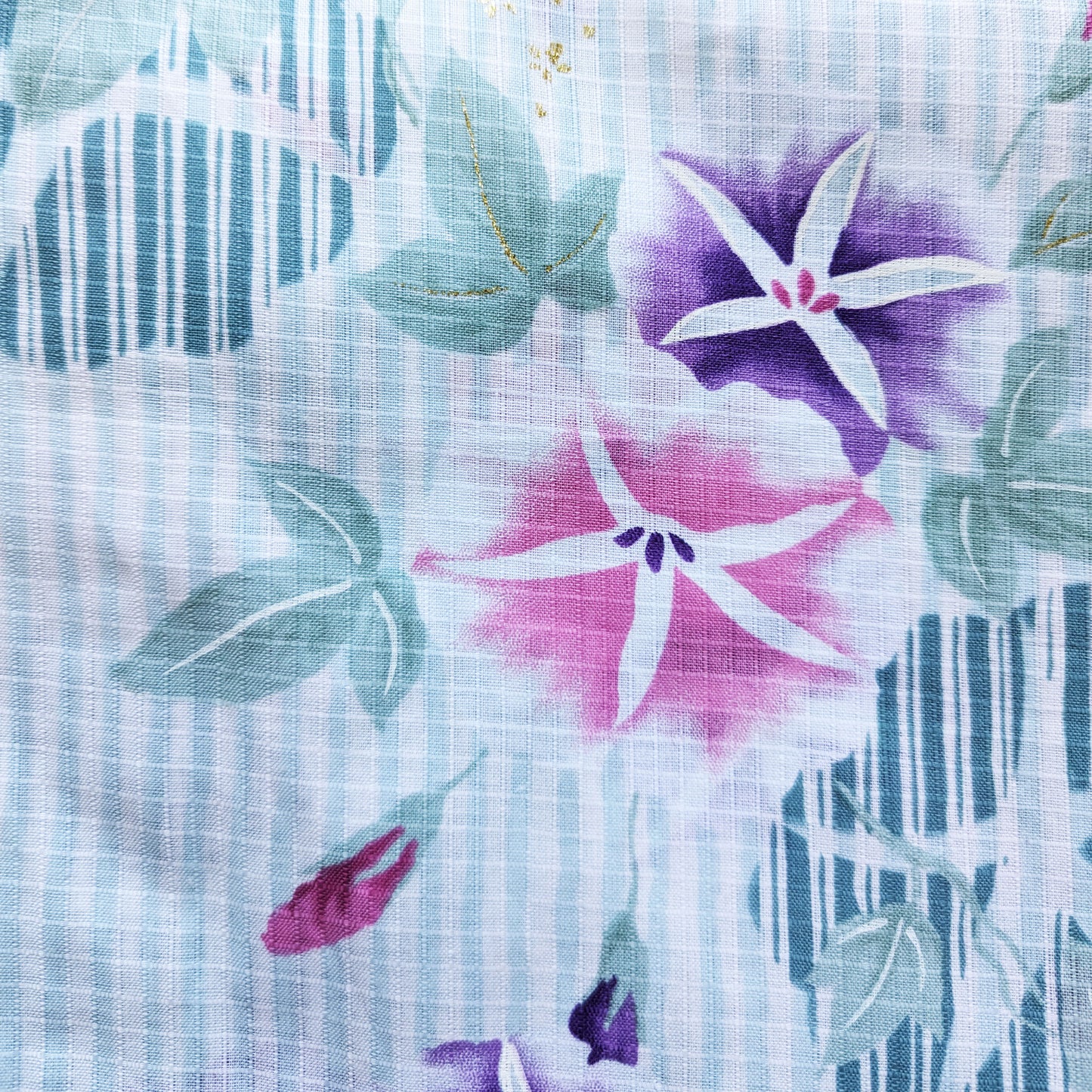 Japanese Yukata Kimono - Pink and Purple Morning Glory in Striped Green