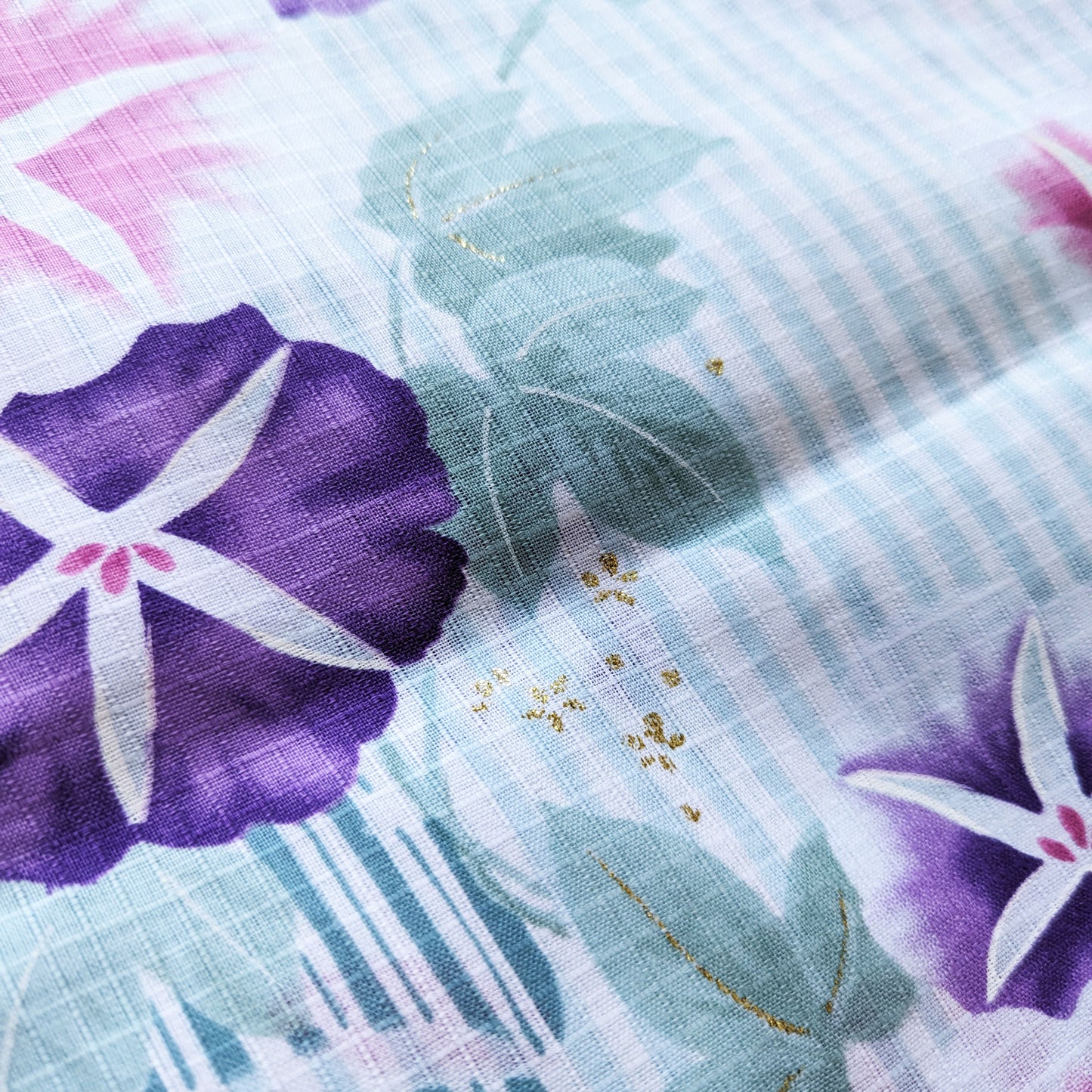 Japanese Yukata Kimono - Pink and Purple Morning Glory in Striped Green