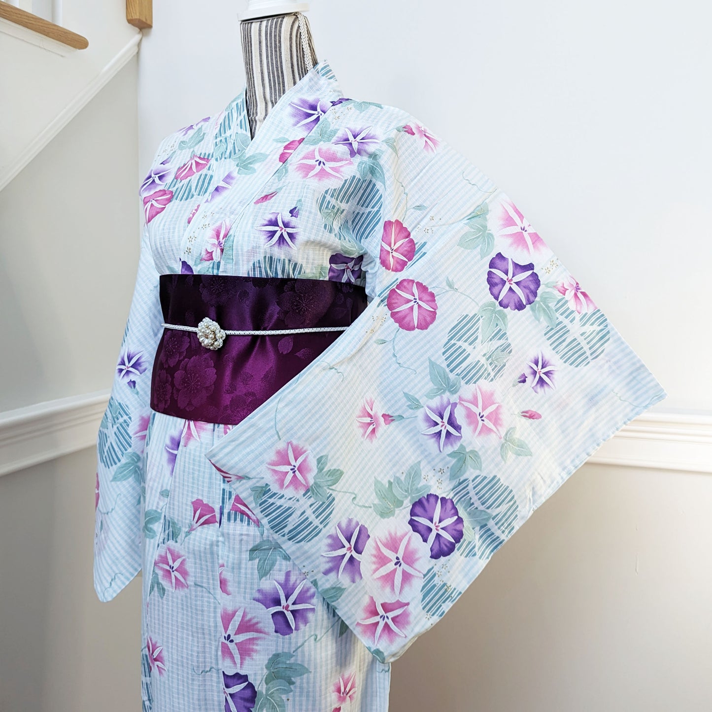 Japanese Yukata Kimono - Pink and Purple Morning Glory in Striped Green