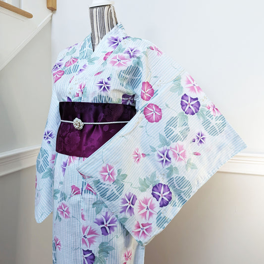Japanese Yukata Kimono - Pink and Purple Morning Glory in Striped Green