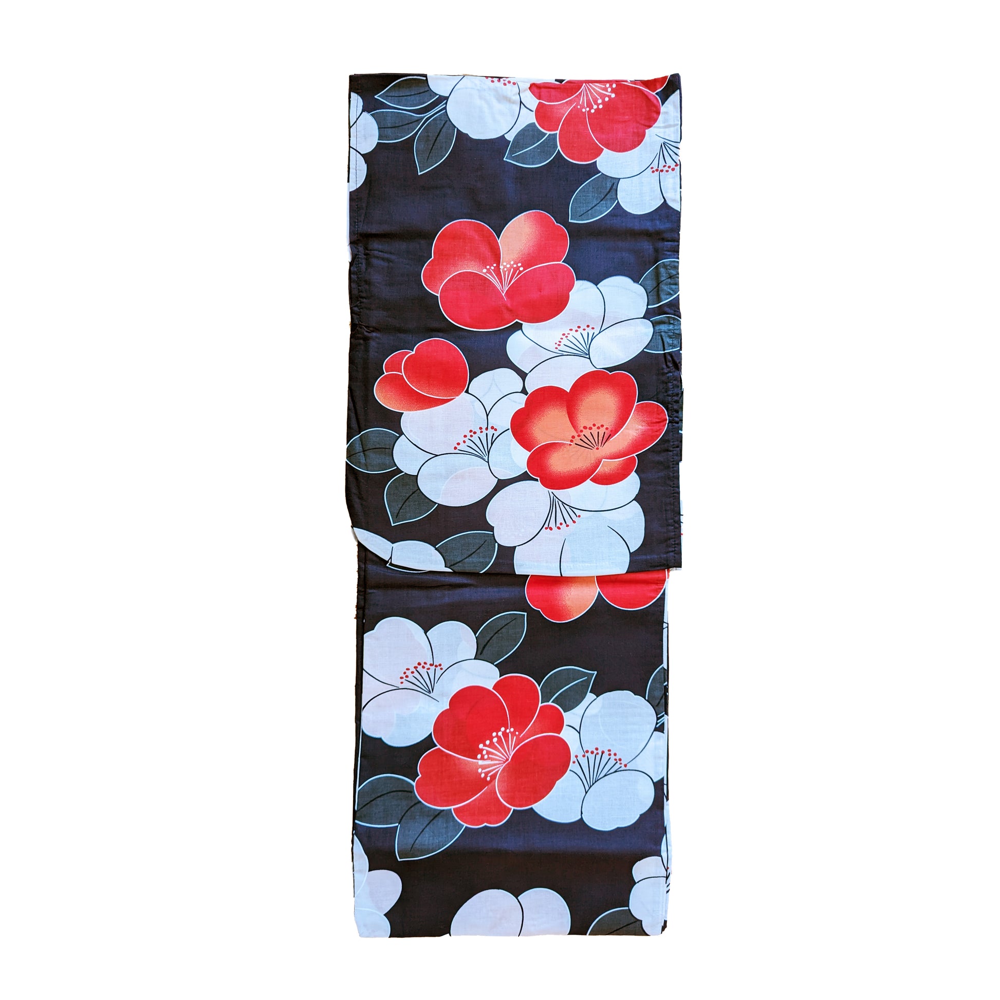 Japanese Yukata Kimono - White and Red Camellias in Black