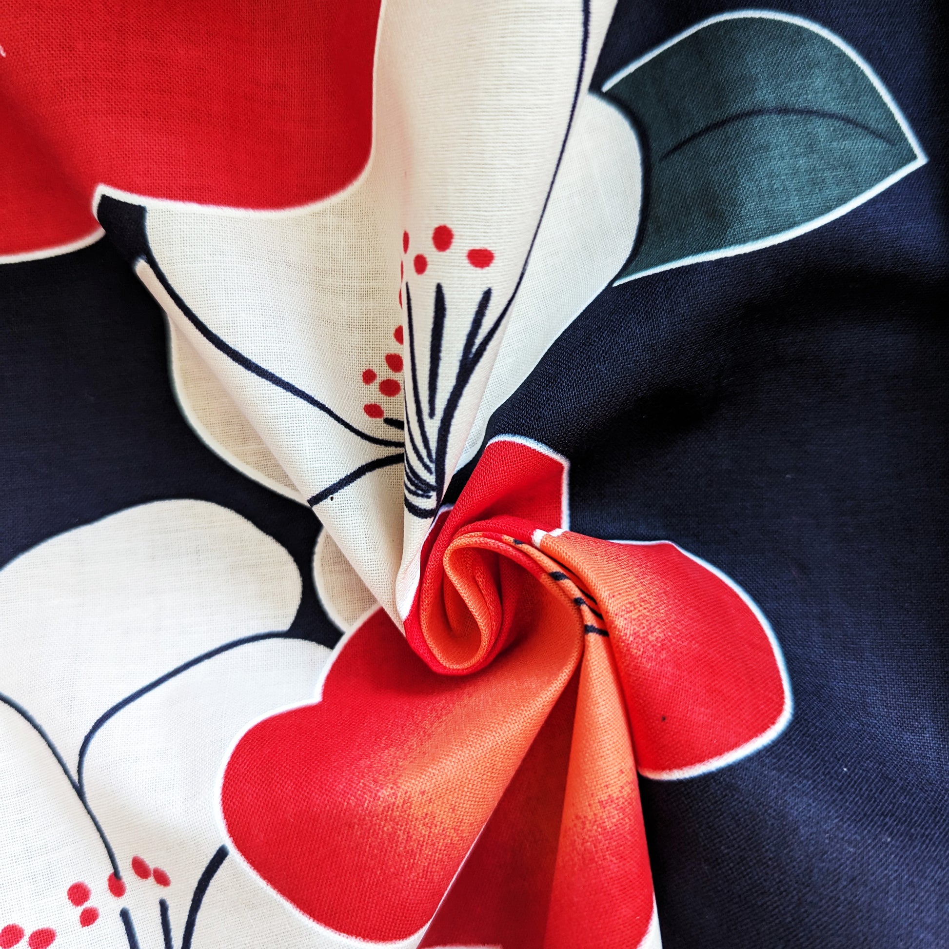 Japanese Yukata Kimono - White and Red Camellias in Black