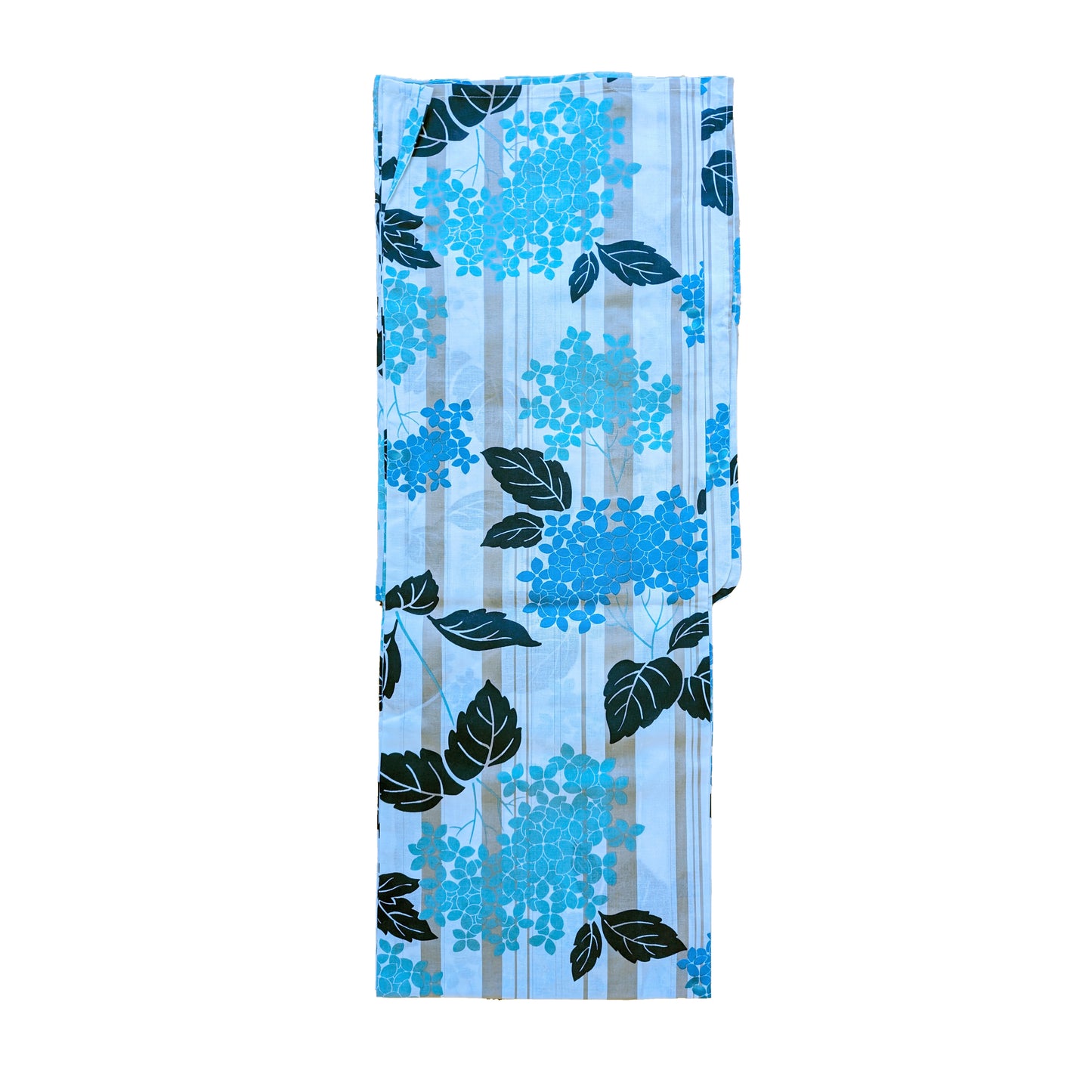 Japanese Yukata Kimono - Blue Hydrangea in White/Beige Stripes