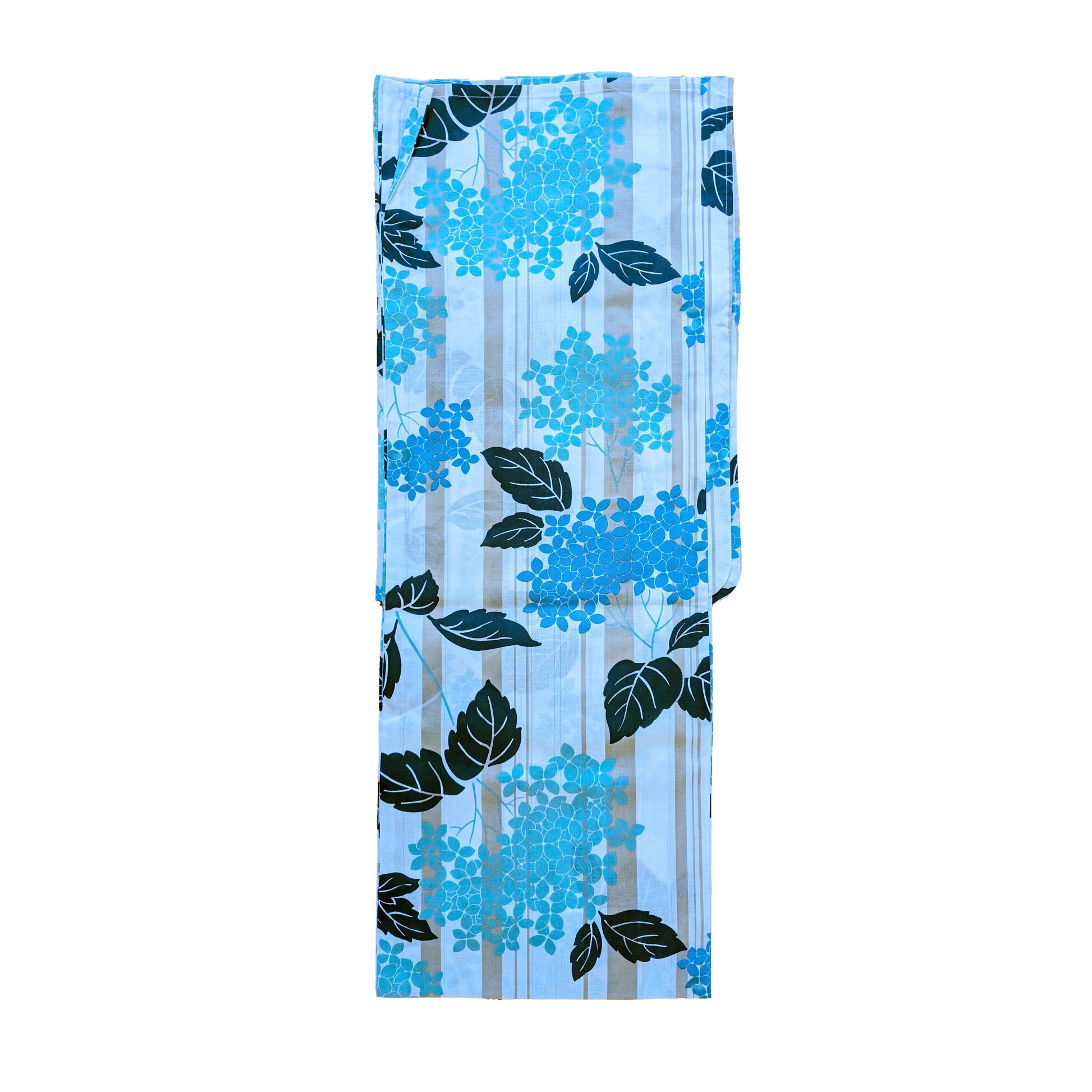 Japanese Yukata Kimono - Blue Hydrangea in White/Beige Stripes