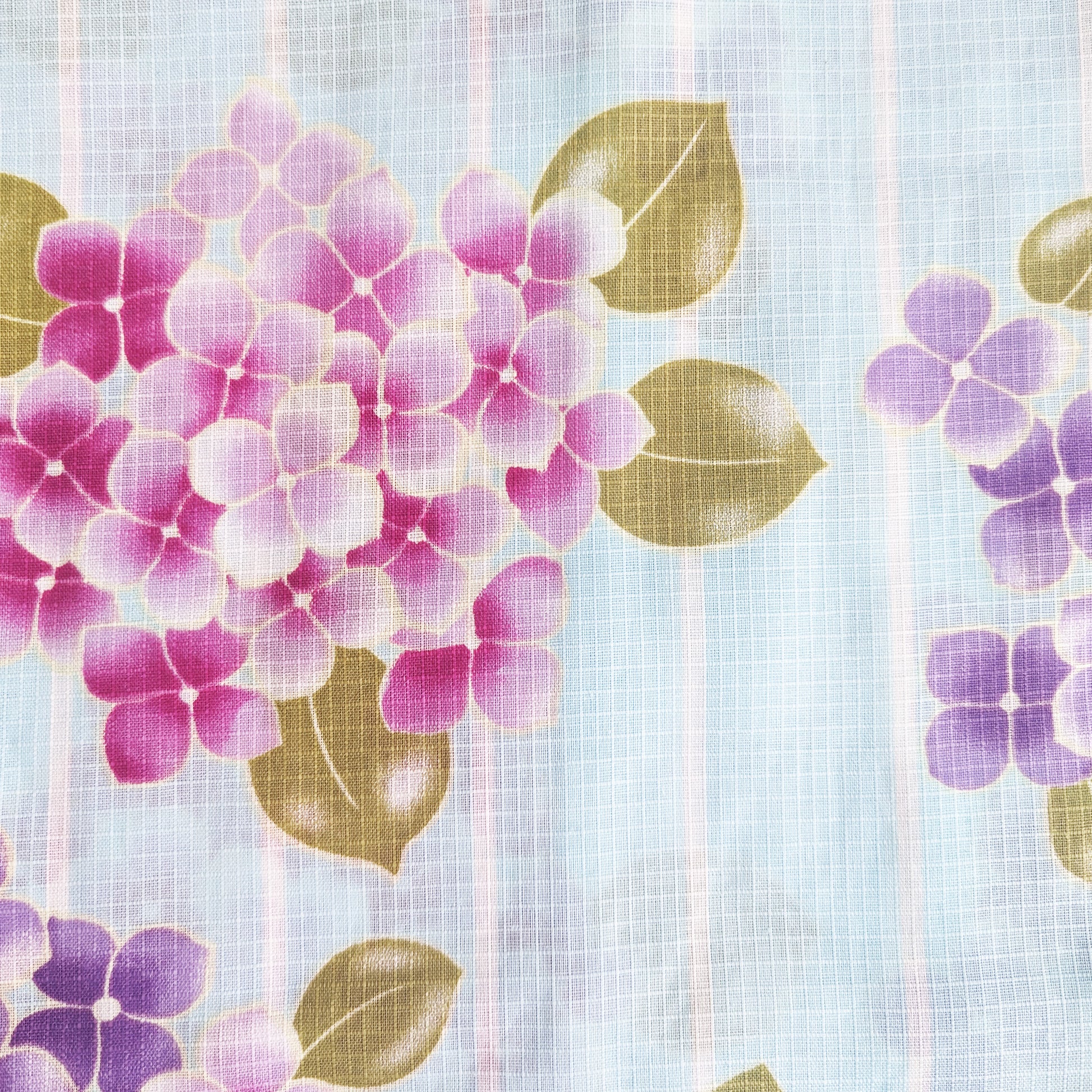 Japanese Traditional Yukata Kimono - Purple Hydrangeas in Striped Blue