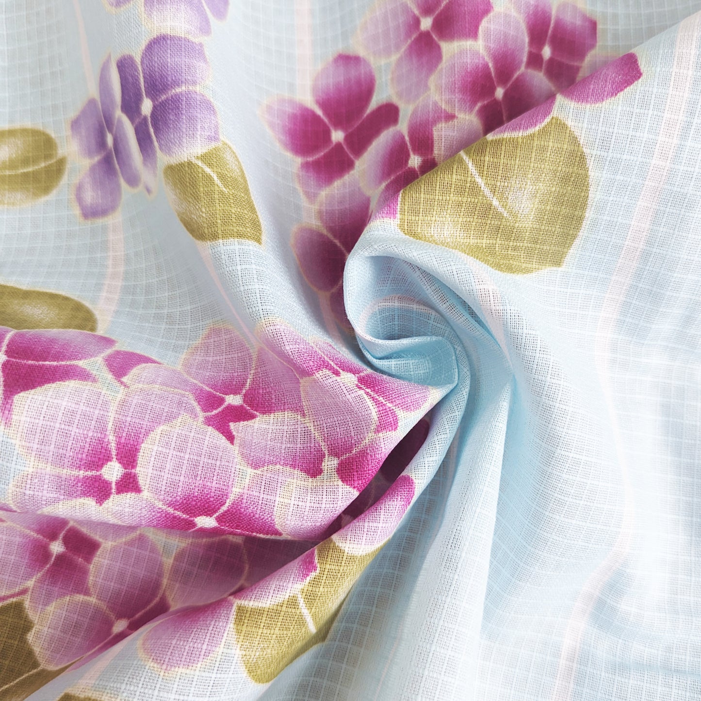 Japanese Traditional Yukata Kimono - Purple Hydrangeas in Striped Blue