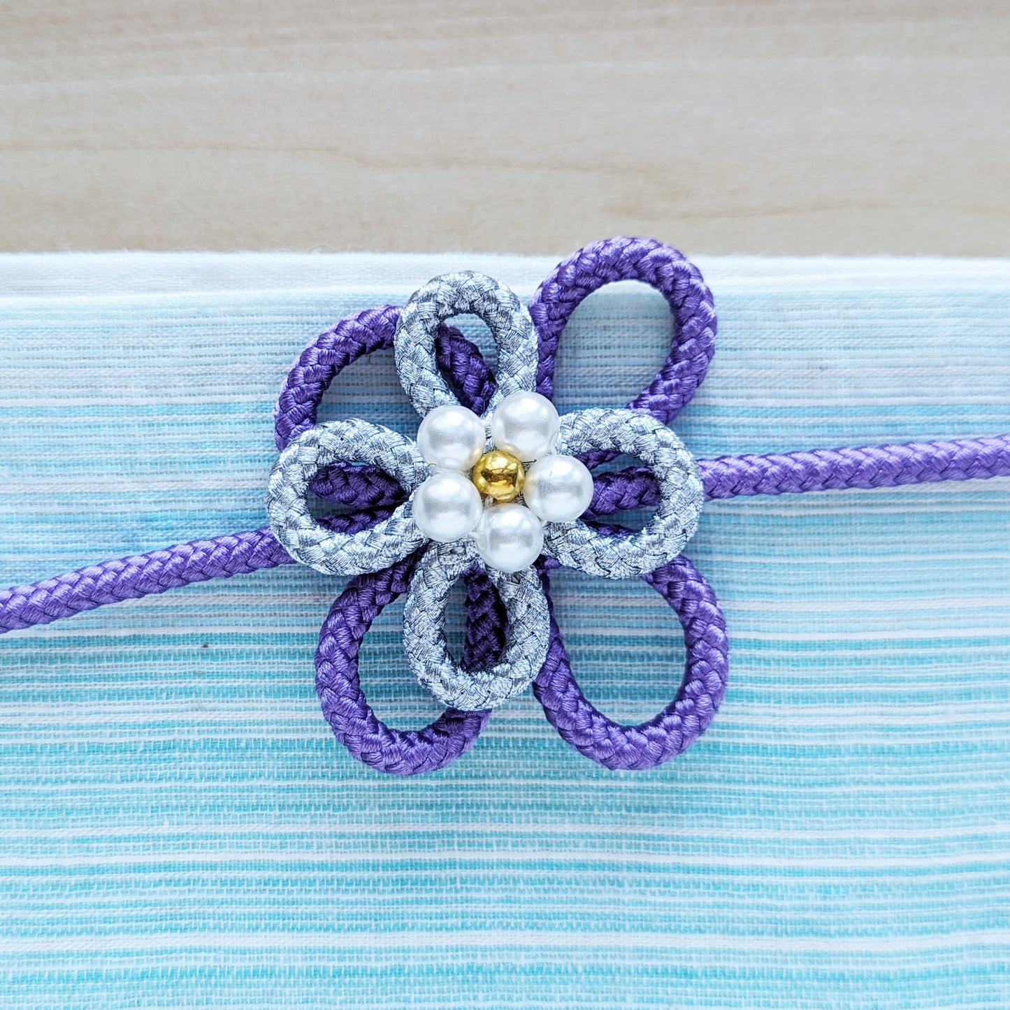 Japanese Kazari Himo - Silver/Purple Flower Knot