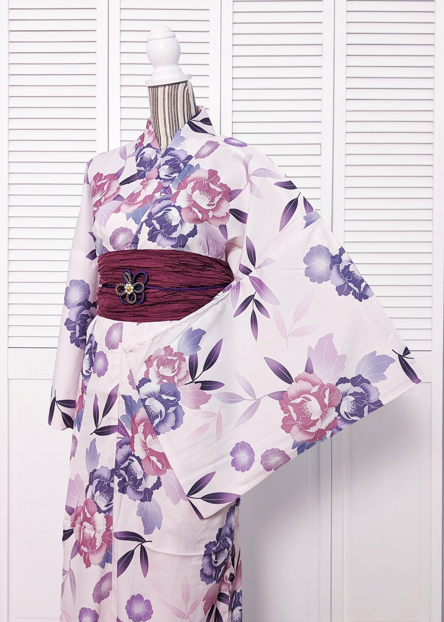 Japanese Yukata Kimono Plus Size - Purple Camellias in Pink