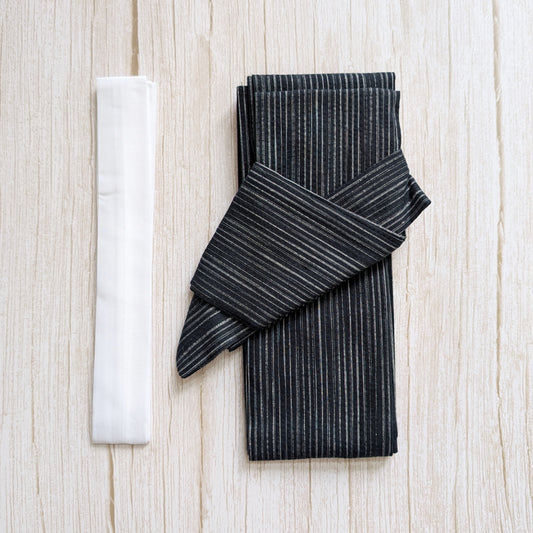 Japanese Men's Velcro Kaku Obi Waist Belt - Black with White Stripes