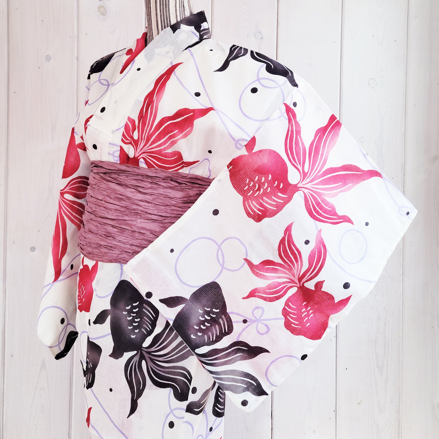 Women's Japanese Yukata Kimono - Black and Red Goldfish in White