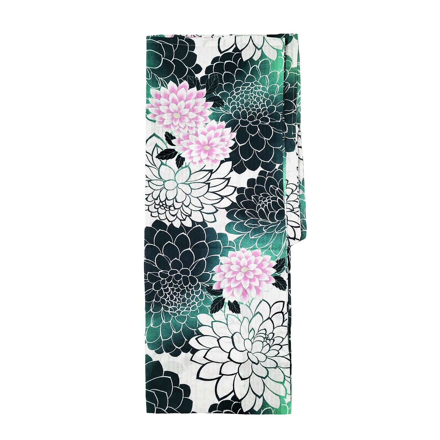 Women's Japanese Yukata Kimono - Green and Pink Chrysanthemum in White