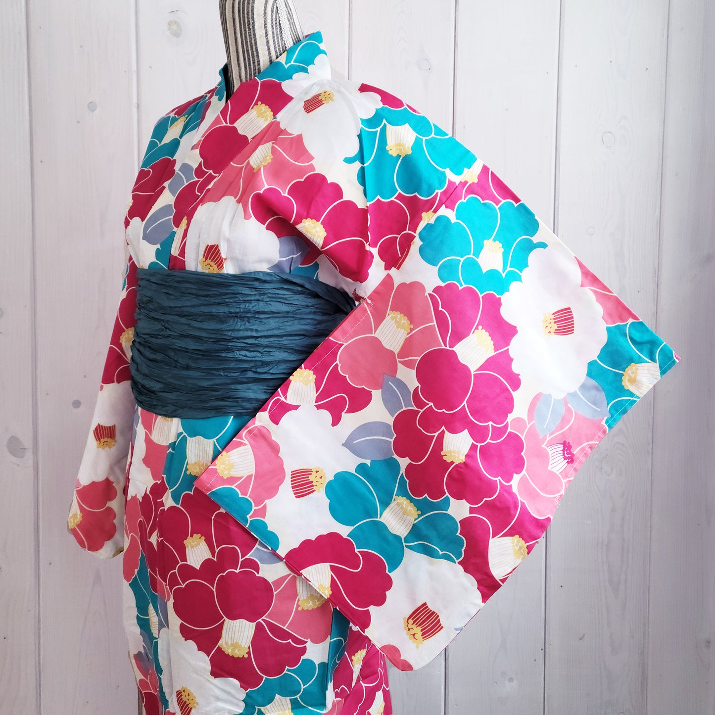 Women's Japanese Yukata Kimono - Blue, Pink, White Camellias