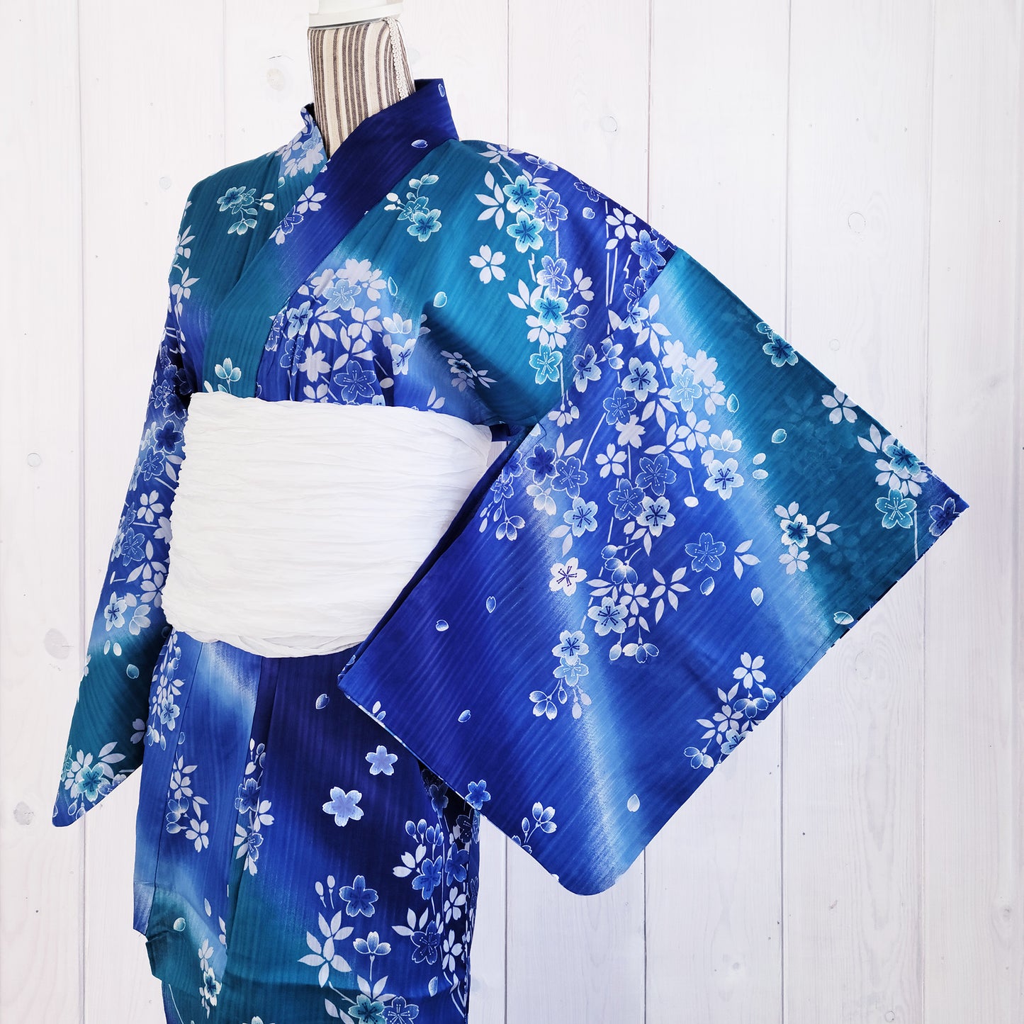 Women's Japanese Yukata Kimono - White Cherry Blossoms in Gradient Blue Green