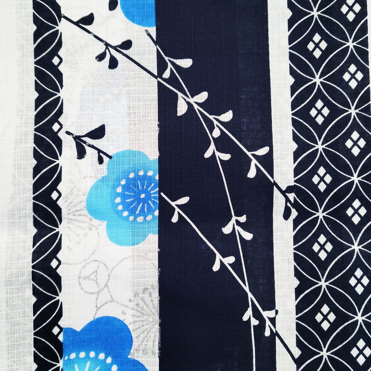 Women's Japanese Yukata Kimono - Blue Plum Blossoms in Black and White Stripes