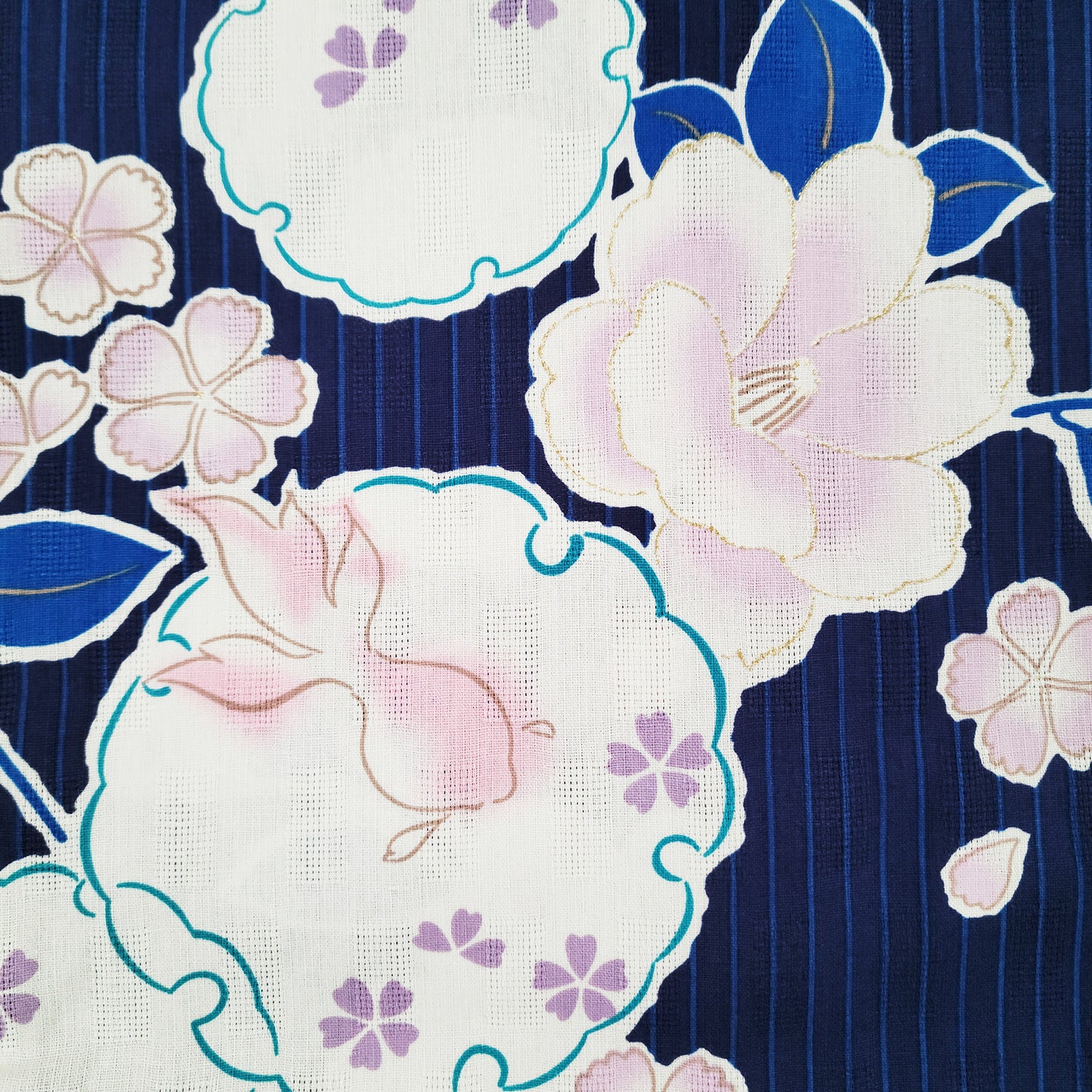 Women's Japanese Yukata Kimono - Pink Goldfish, Camellias, Cherry Blossoms in Blue