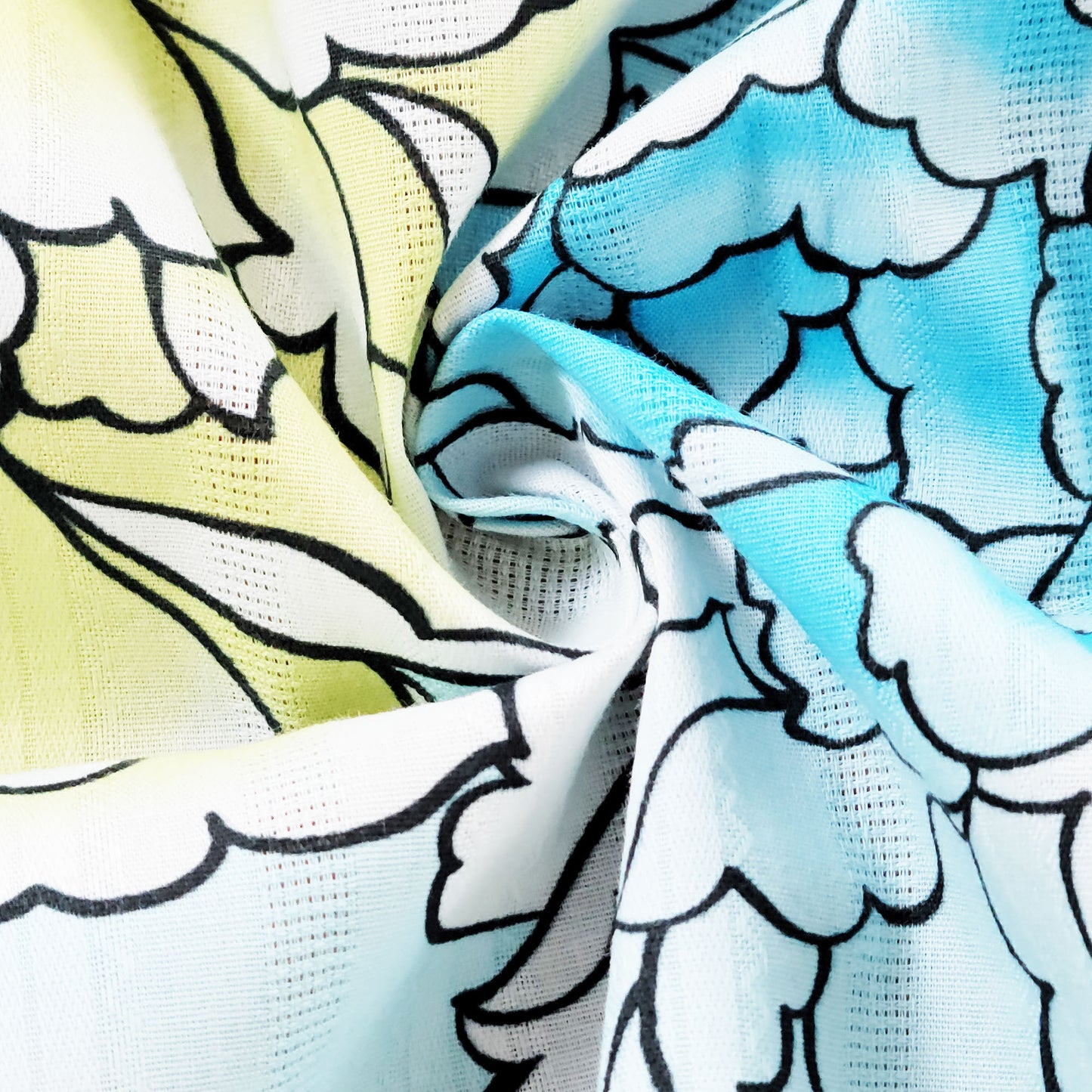 Japanese Yukata Kimono Plus Size - Blue and Green Peony Flowers