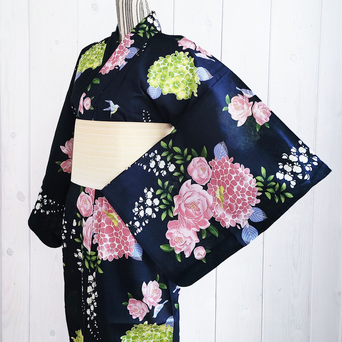 Japanese Yukata Kimono - Spring Flowers and Birds in Navy Blue