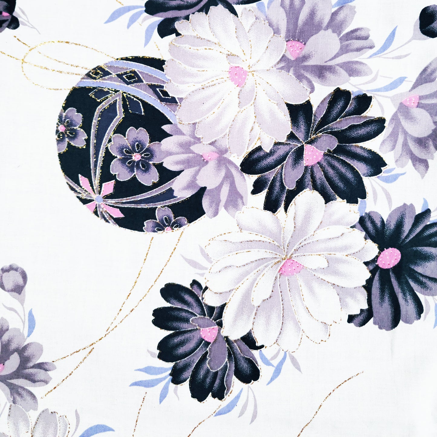 Japanese Yukata Kimono - Purple and White Daisies and Temari Balls in White