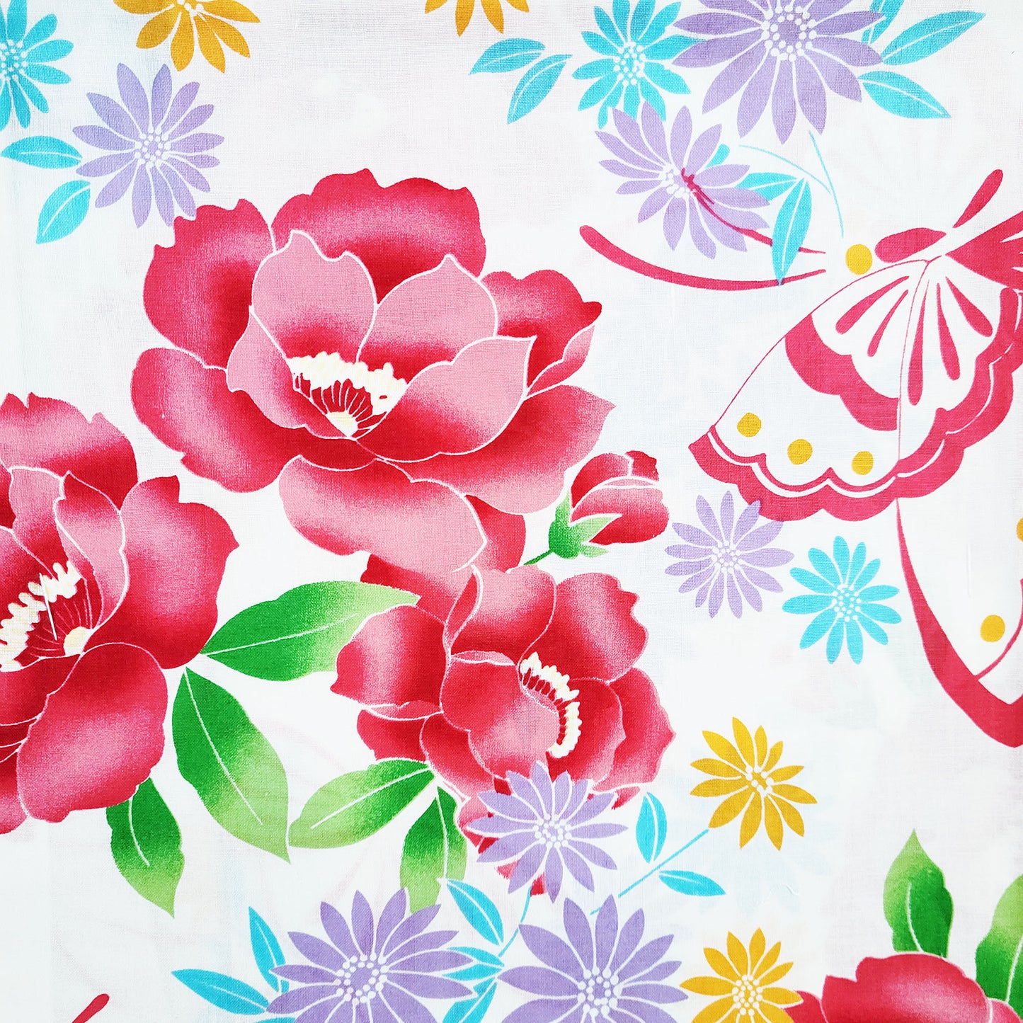 Japanese Yukata Kimono - Red Camellia and Butterflies in White
