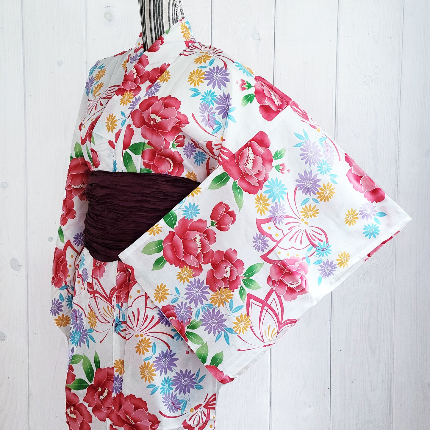 Japanese Yukata Kimono - Red Camellia and Butterflies in White