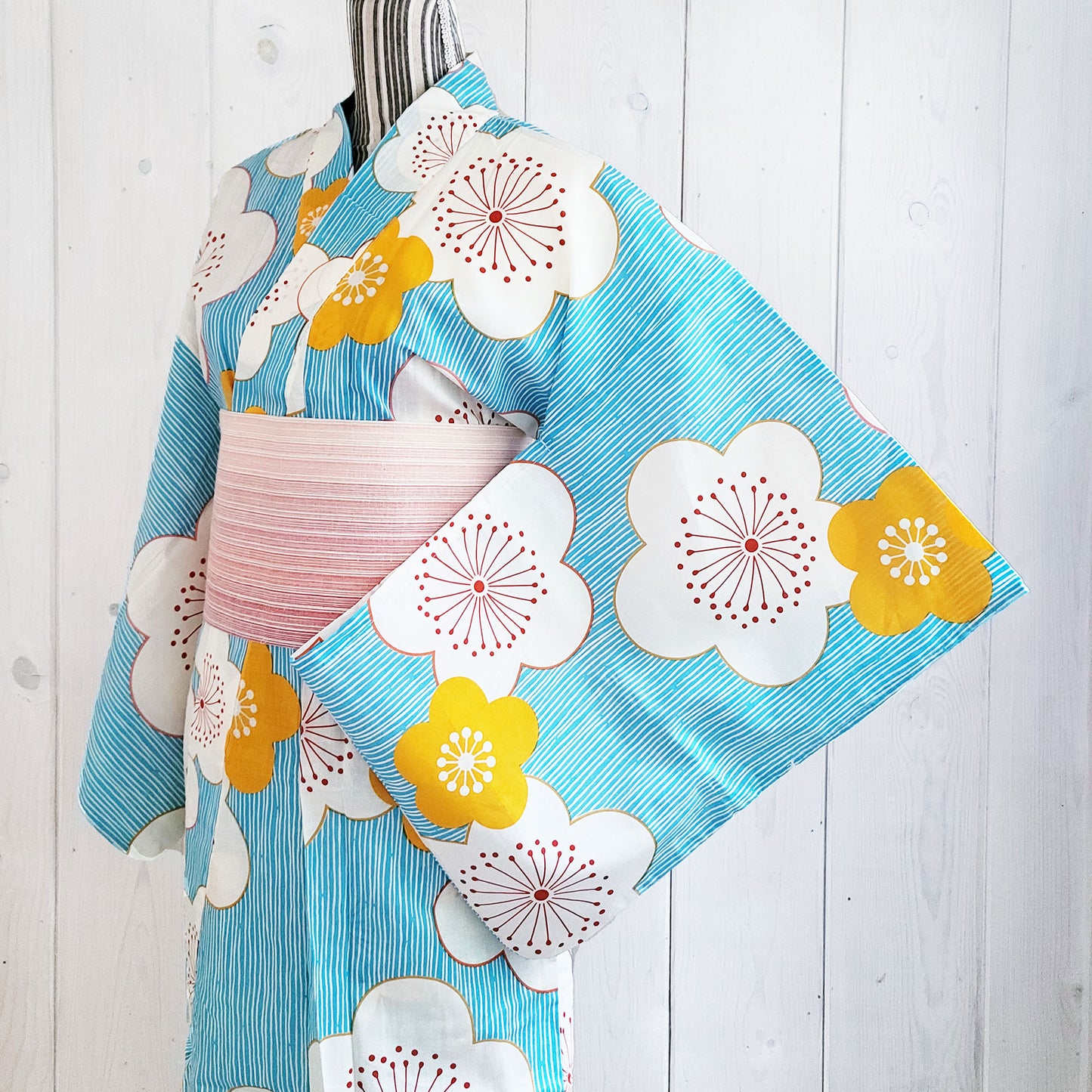 Japanese Yukata Kimono - Orange and White Plum Blossoms in Blue