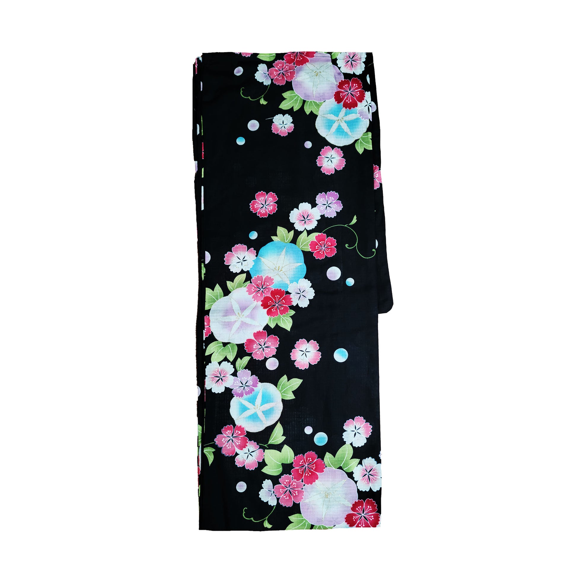 Japanese Yukata Kimono - Colorful Morning Glory and Cherry Blossom in Black
