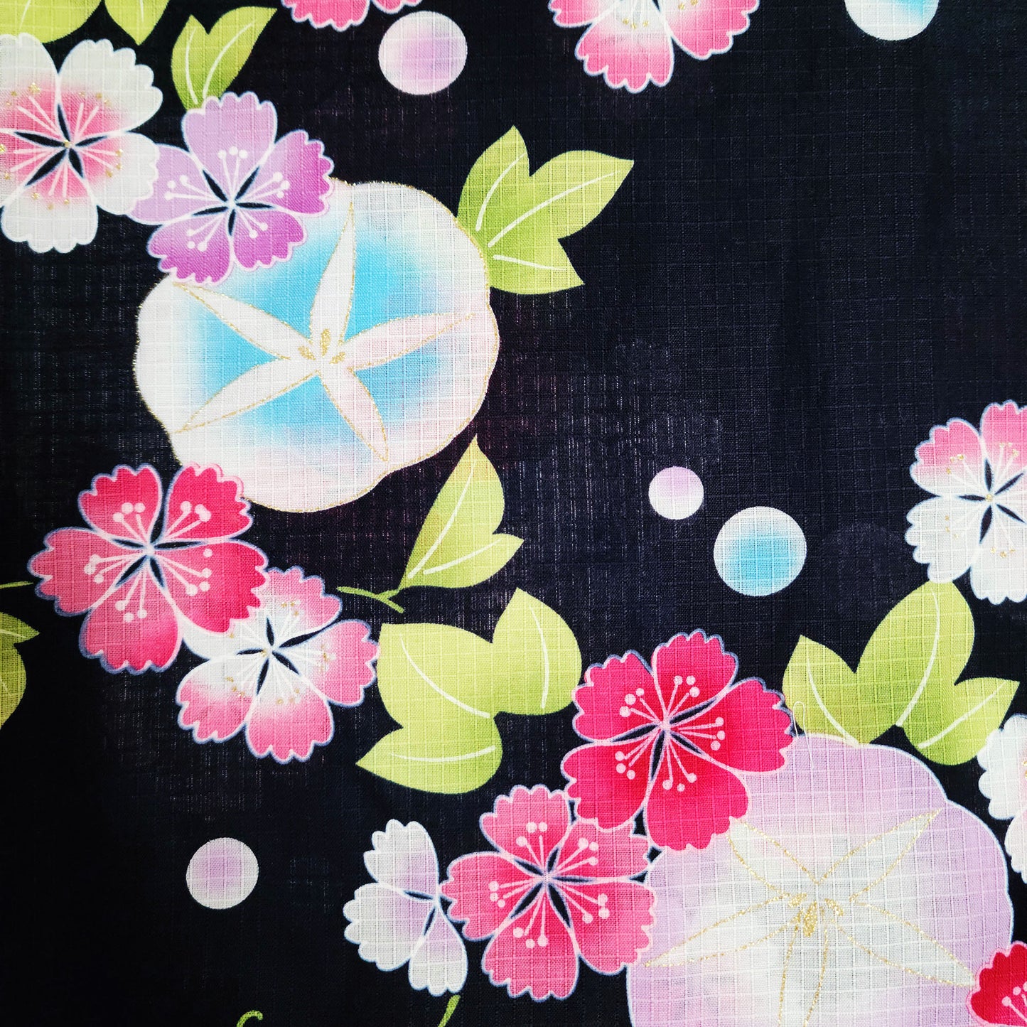 Japanese Yukata Kimono - Colorful Morning Glory and Cherry Blossom in Black
