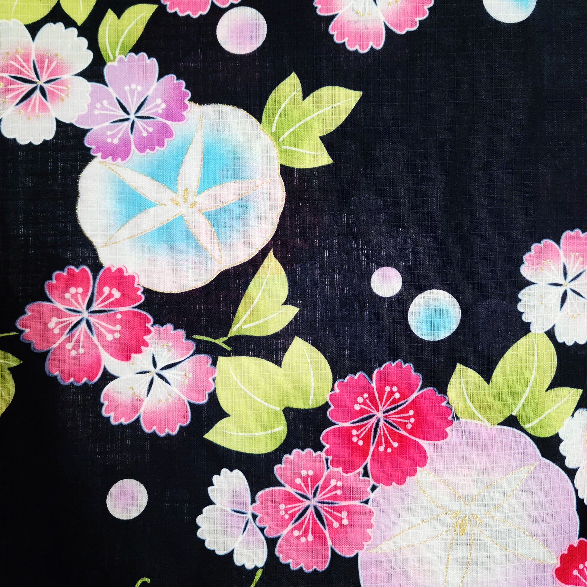 Japanese Yukata Kimono - Colorful Morning Glory and Cherry Blossom in Black
