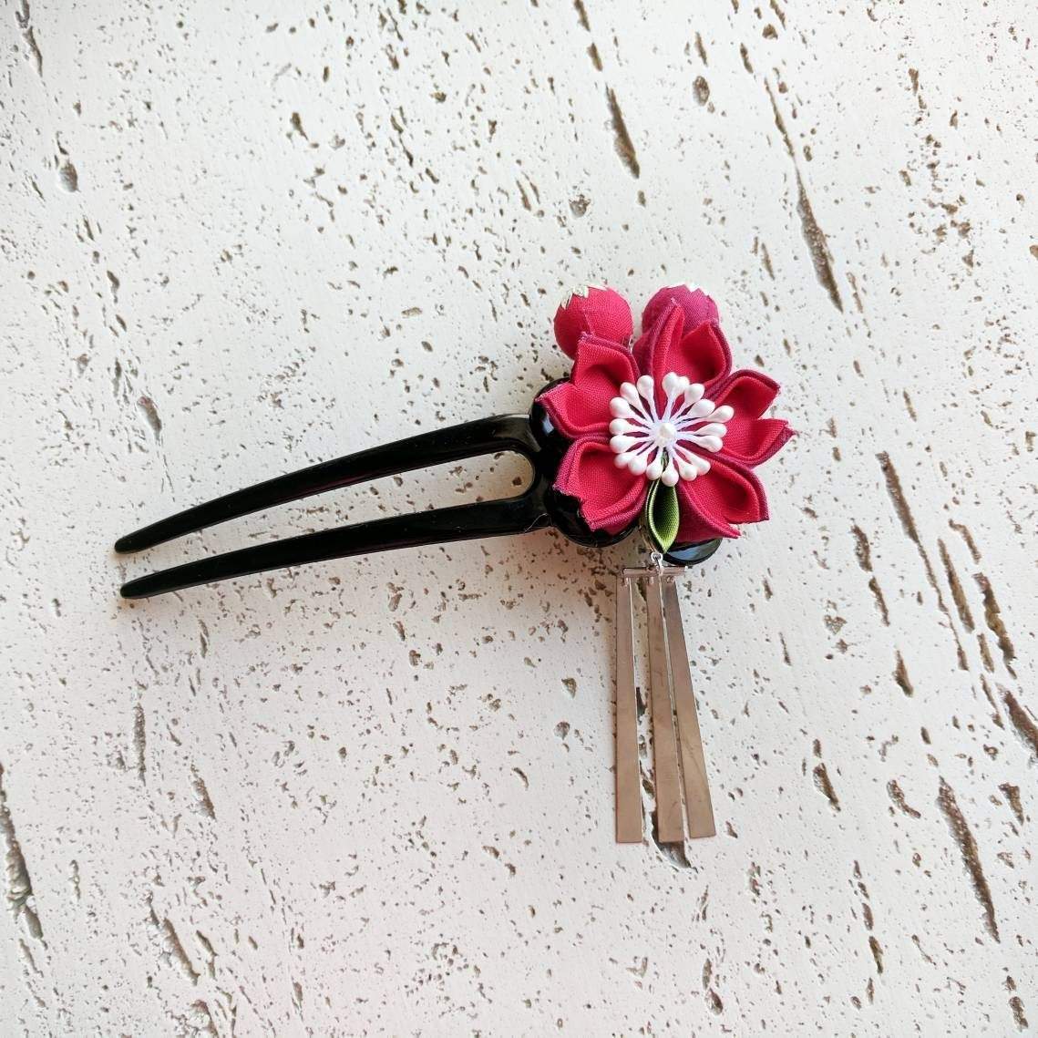 Cherry Blossom Two Leg Hair Stick - Kanzashi Hair Stick - Red