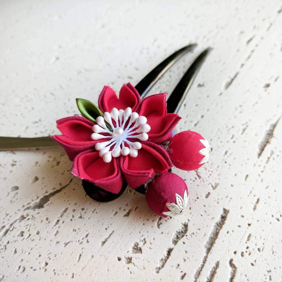 Cherry Blossom Two Leg Hair Stick - Kanzashi Hair Stick - Red Closeup