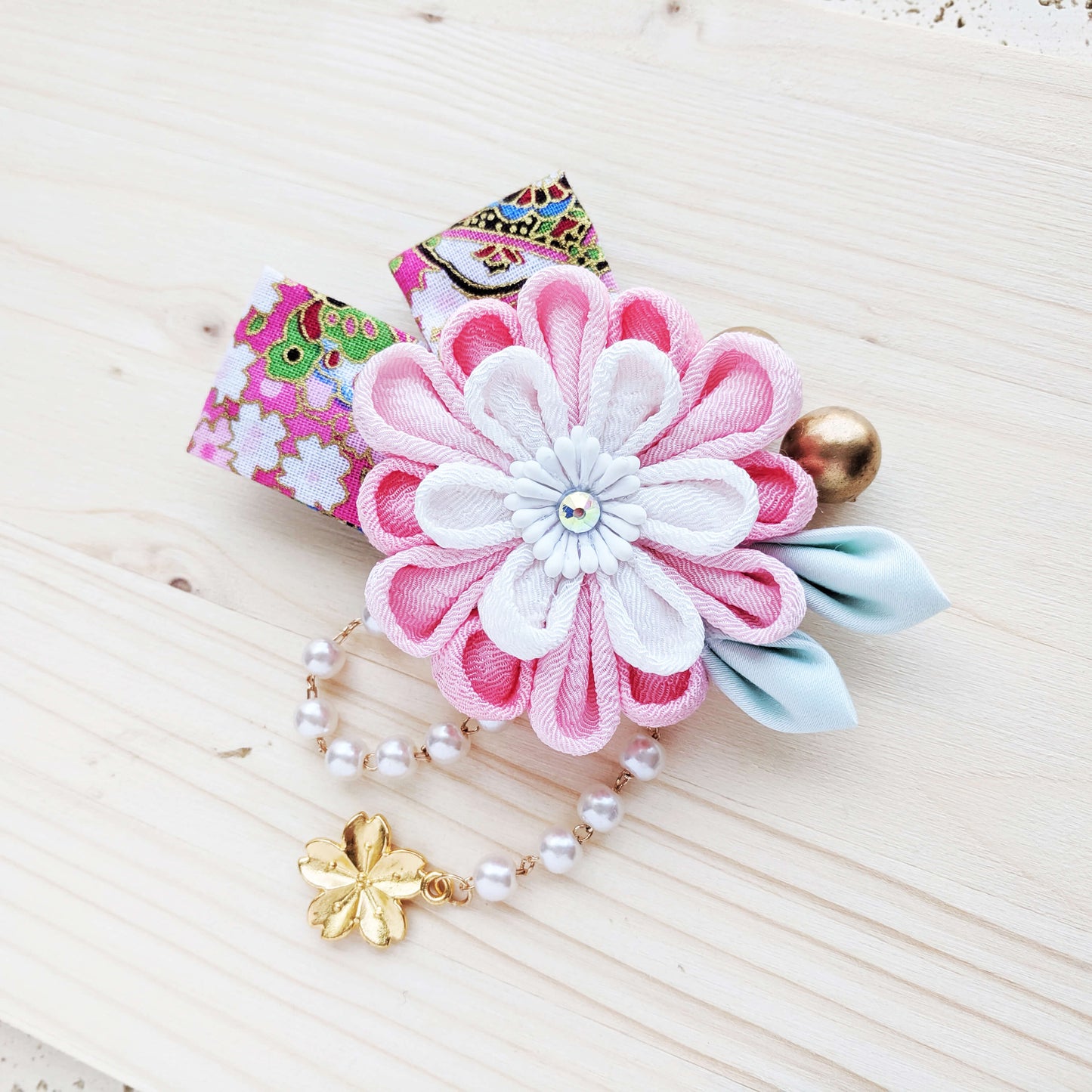 Chrysanthemum Hair Clip with Ribbons - Pink