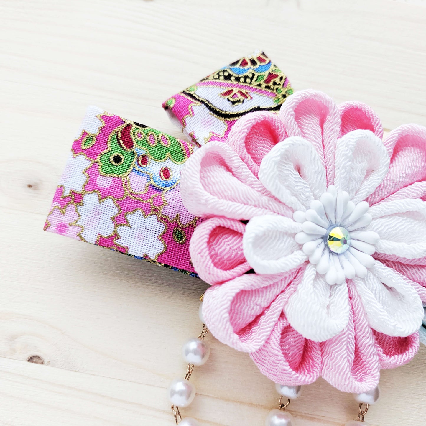 Chrysanthemum Hair Clip with Ribbons - Pink