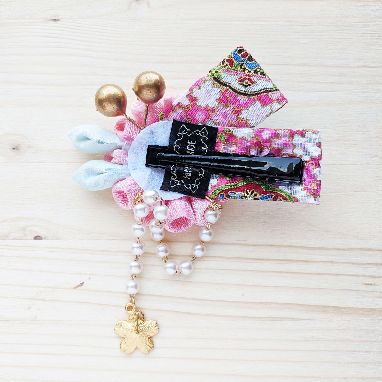 Chrysanthemum Hair Clip with Ribbons - Pink