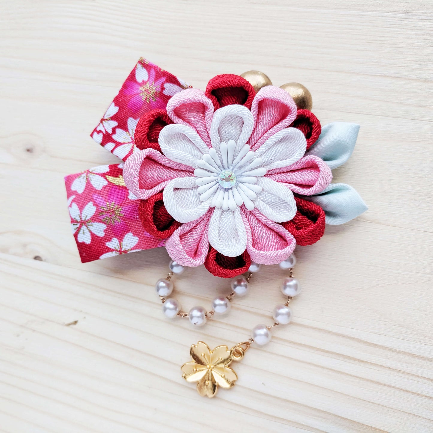 Chrysanthemum Hair Clip with Ribbons - Red Pink