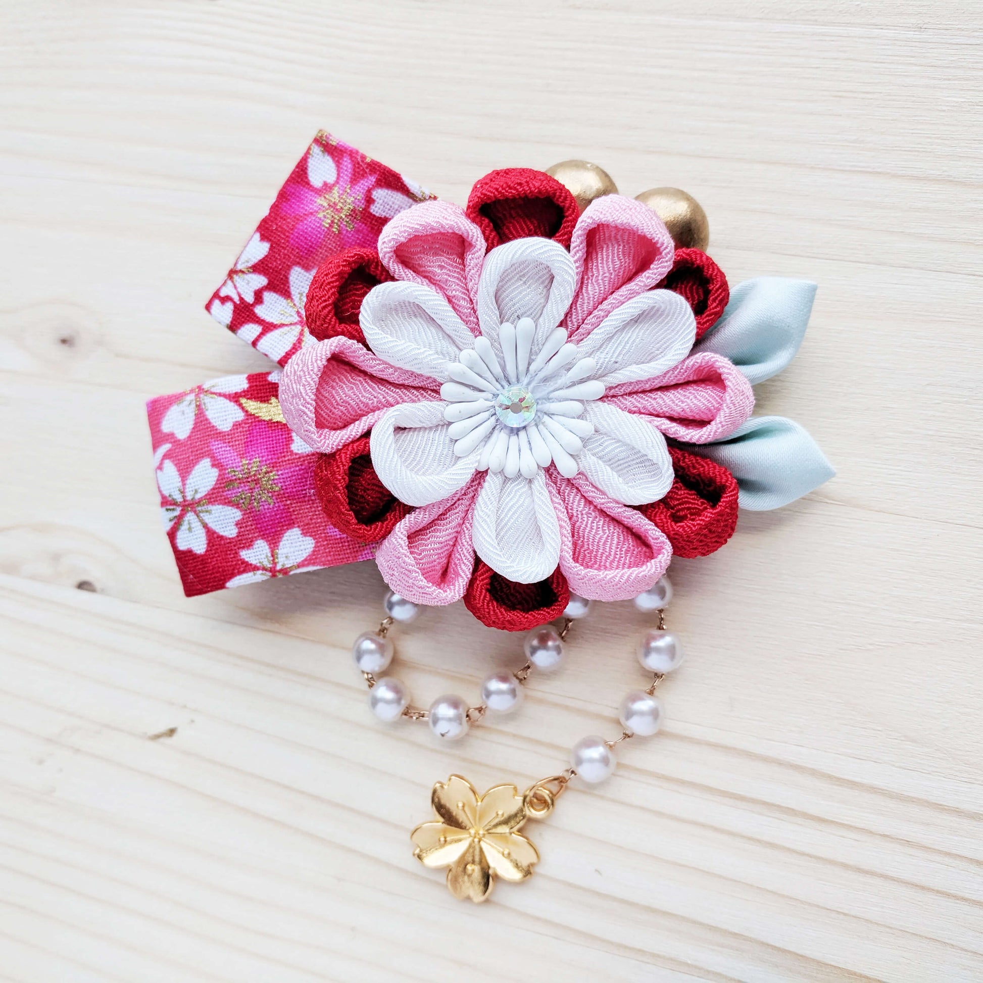 Chrysanthemum Hair Clip with Ribbons - Red Pink