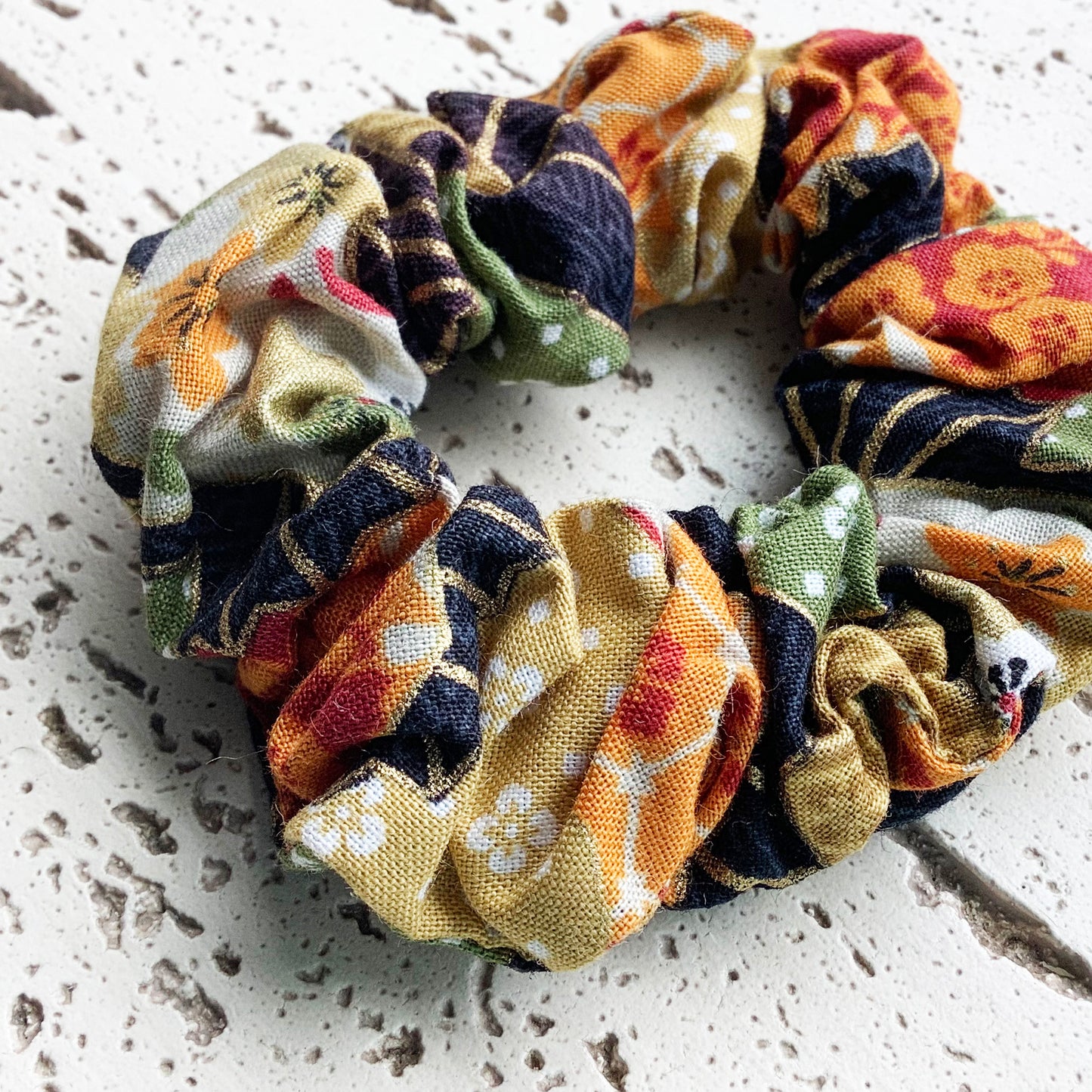 Japanese scrunchie in green yellow orange