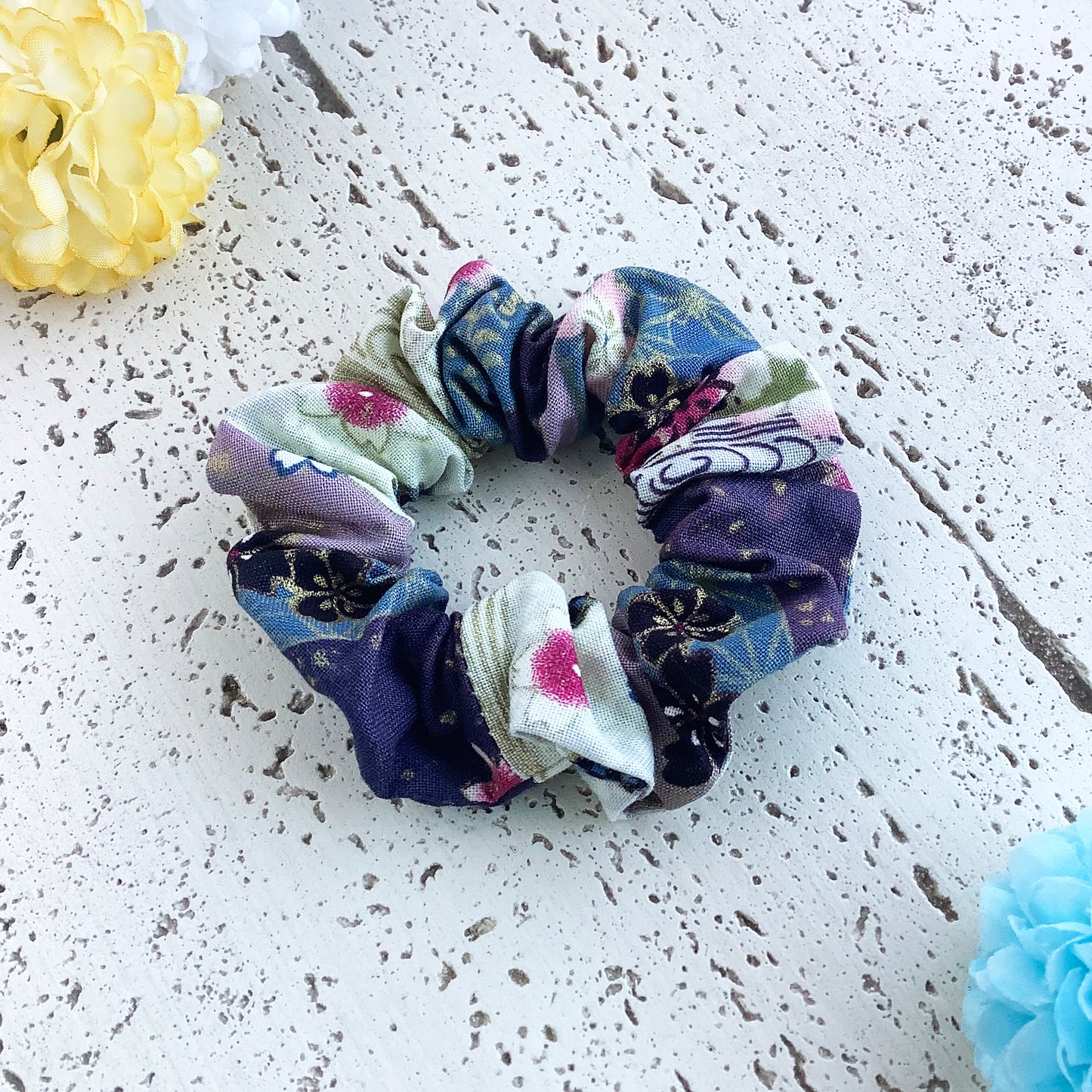 Japanese fabric scrunchie cherry blossom blue