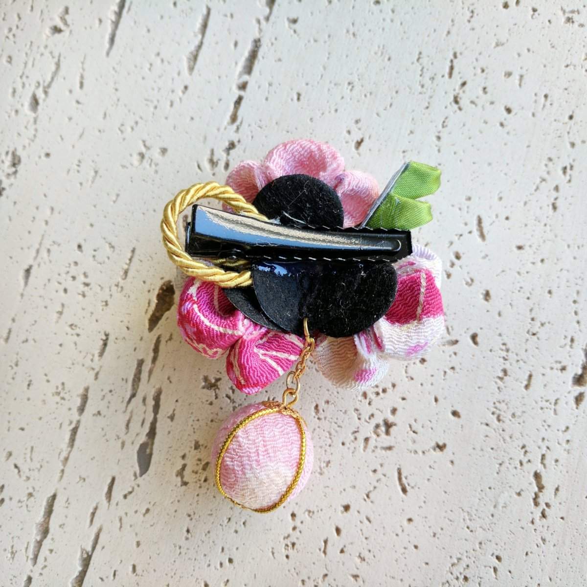 Kanzashi Plum Blossoms Ball Pendant Hair Clip for Japanese Kimono - Back