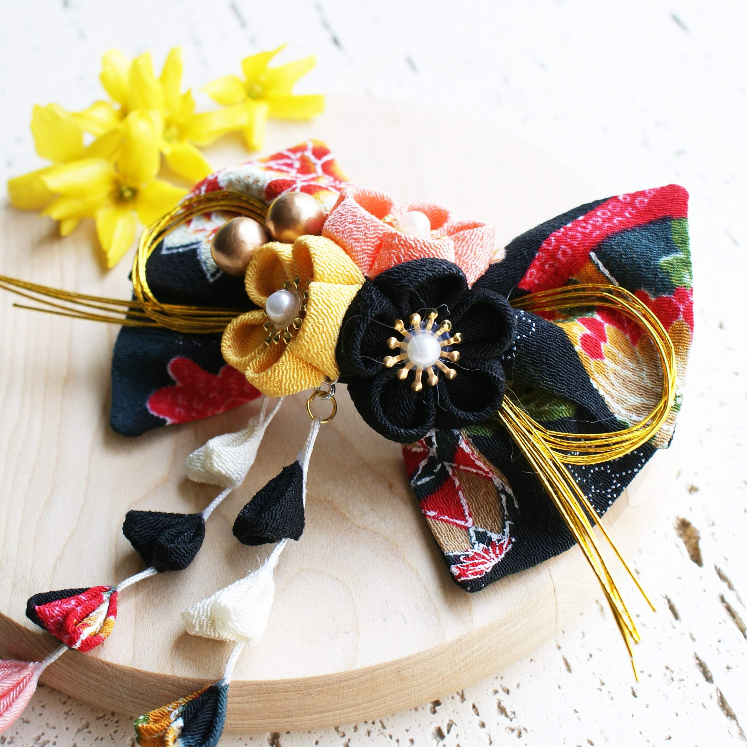 Plum Blossoms Dangle Hair Bow Black Multi Kimono Hair Accessories