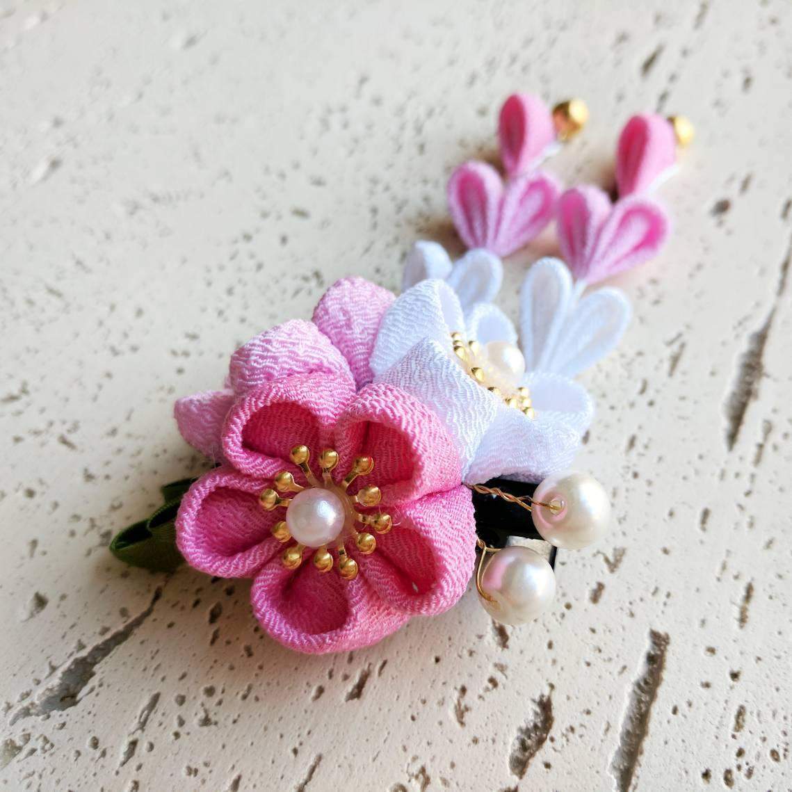 Kanzashi Plum Blossoms Dangle Hair Clip for Japanese Kimono - Closeup