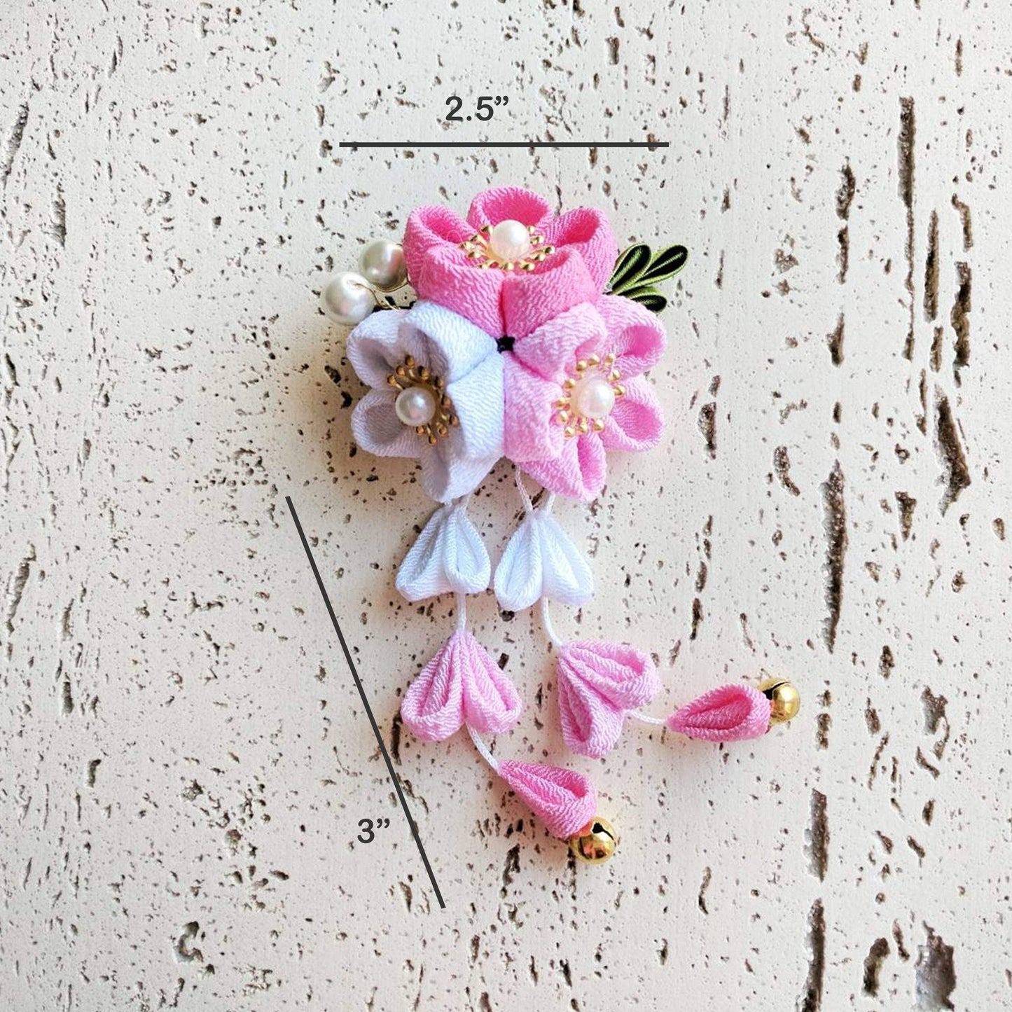 Kanzashi Plum Blossoms Dangle Hair Clip for Japanese Kimono - Dimensions
