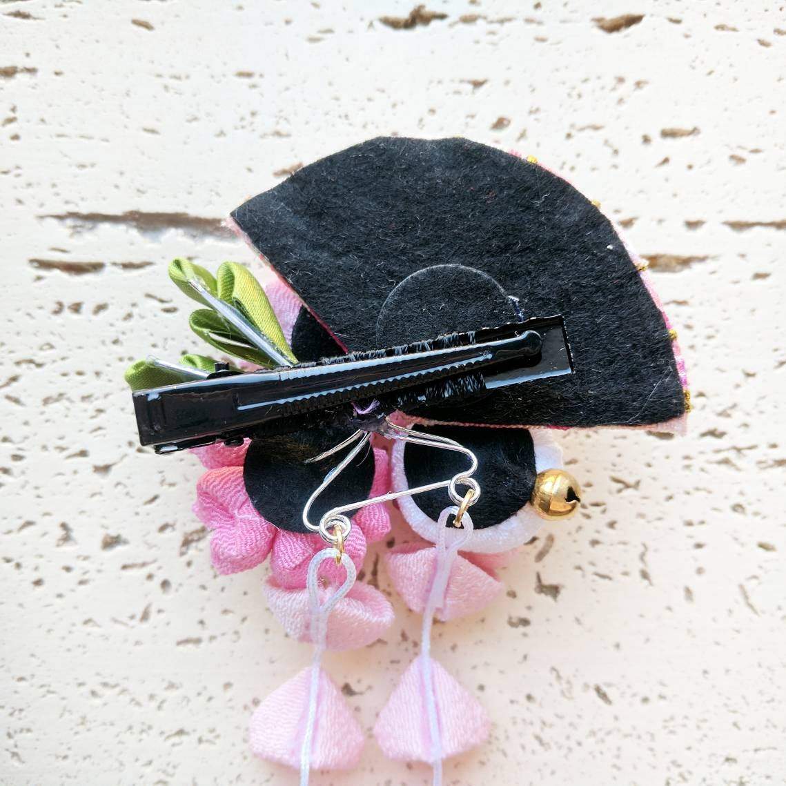 Kanzashi Rabbit, Fan, and Cherry Blossoms Dangle Hair Clip for Japanese Kimono - Back