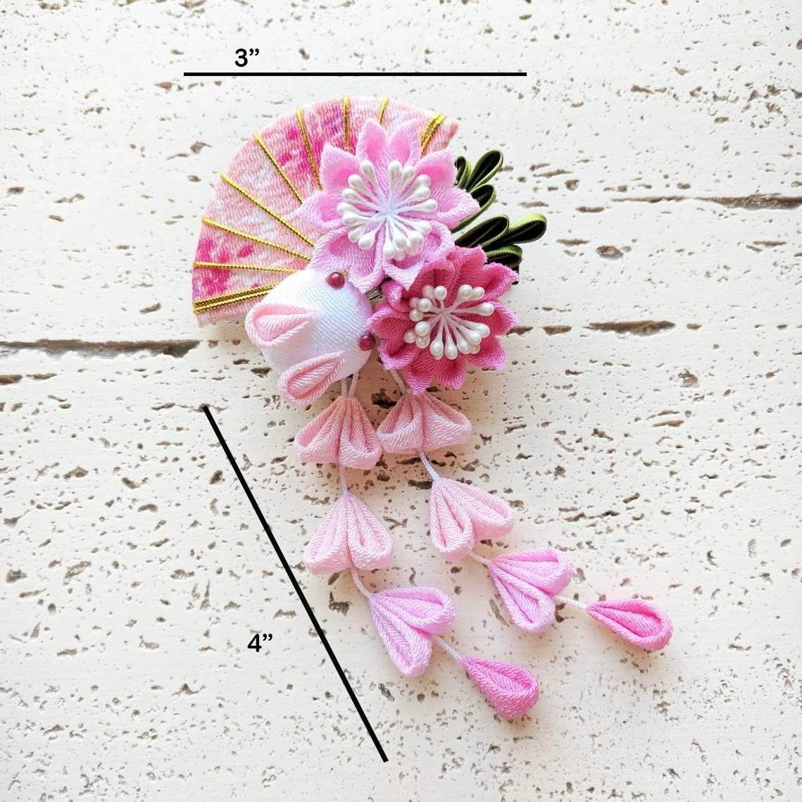 Kanzashi Rabbit, Fan, and Cherry Blossoms Dangle Hair Clip for Japanese Kimono - Dimensions